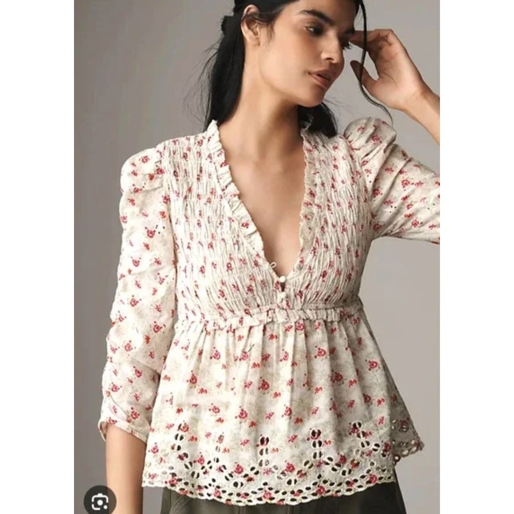 ANTHROPOLOGIE Floral Smocked Eyelet Peplum Ruffle Top Peasant Coquette Prairie